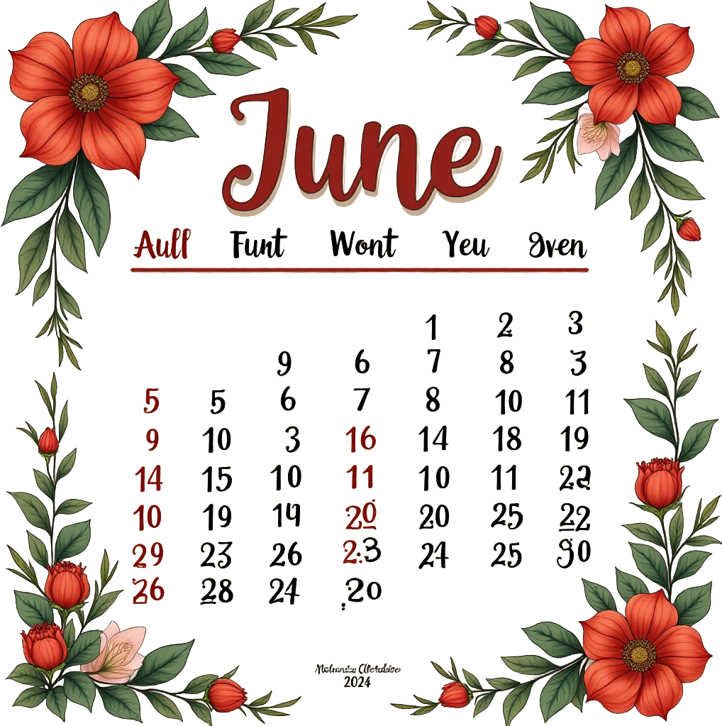 June Calendar with Floral Design